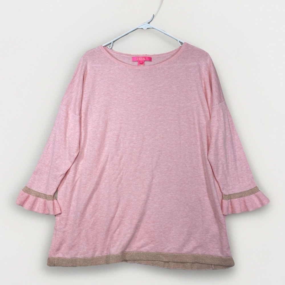 Lilly Pulitzer Large Pink Charla Sweater Top 3/4 Ruffled Sleeves Gold Trim